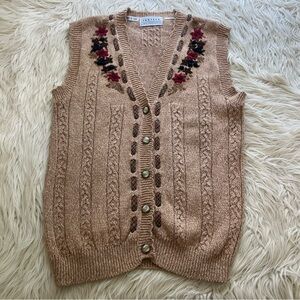 Vintage 90s Jantzen Cottagecore Cableknit Sweater Vest Embroidered Floral Size S